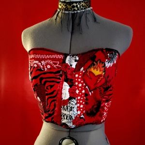 Hearts On Fire Patchwork Corset Top Y2k Sz Sm grunge cyber goth tattoo bandana